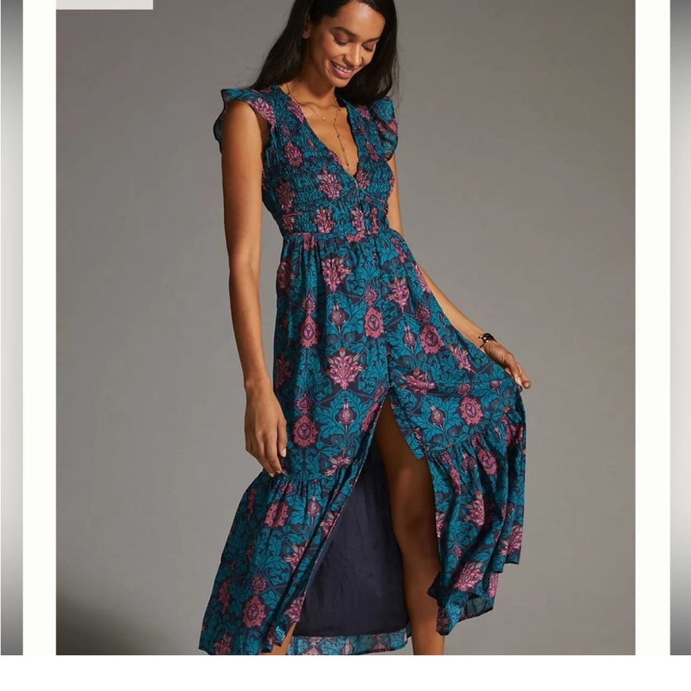 Anthropologie Teal and Pink Floral Midi Dress